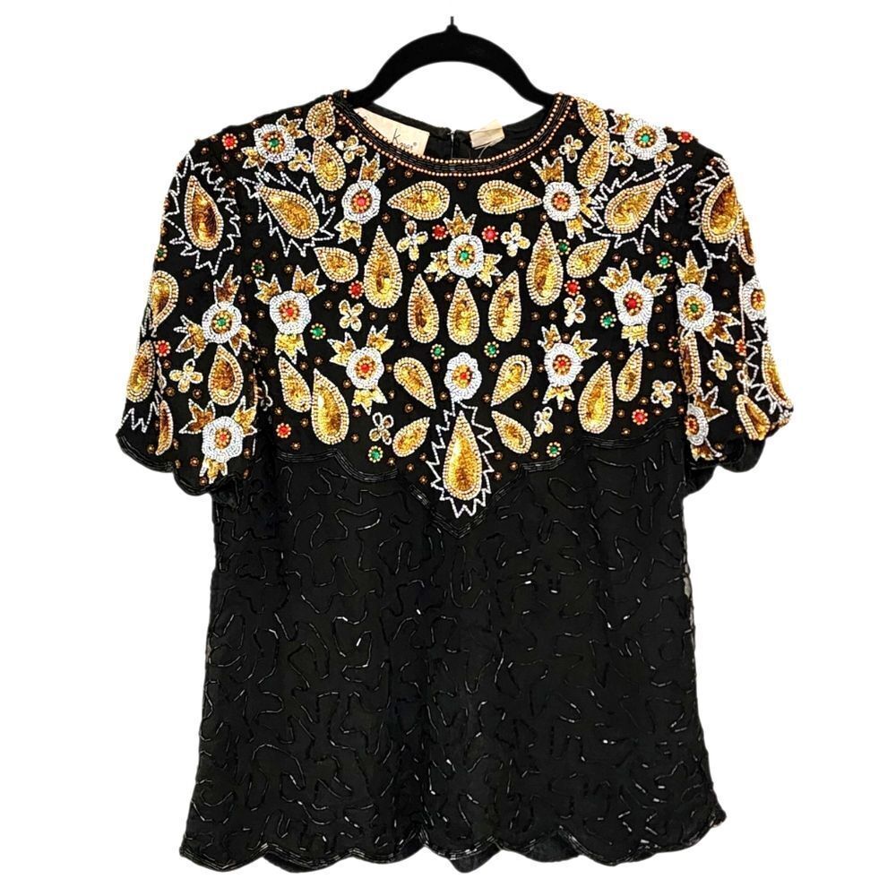 Laurence Kazar Vintage Top M Silk Beaded Sequin Art To Wear